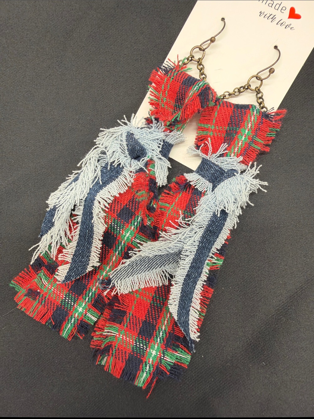 NEW Handmade Frayed Plaid Red Denim Blue Earrings
